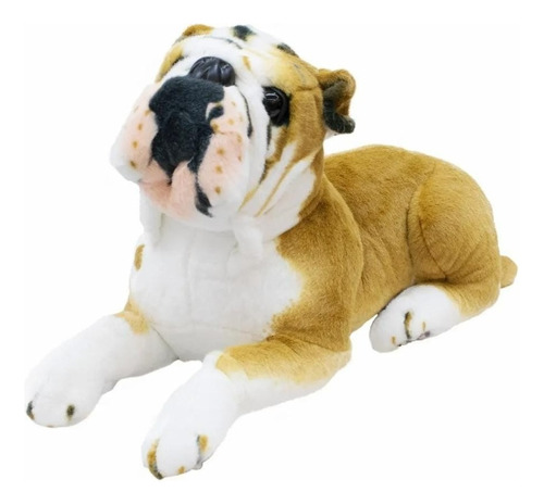 Cachorro Pelúcia Bulldog Marrom Claro Deitado Realista 55cm