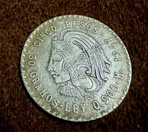 Moneda De Plata De 5 Pesos Del Año 194730grs Ley 0.900