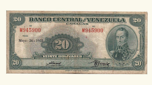 Venezuela, 20 Bolívares, Mayo-26-1955, Serie M6, Vf.