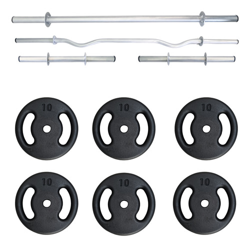 Kit Anilhas 60kg + 2 Barras 40cm + 2 Barra 120cm Reta E W