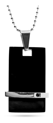 Collar Acero Placa Negra Linea Plateada Zirconia Elegante