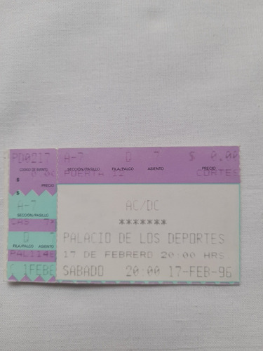 Ac/dc Boleto De Colección Mexico 1996