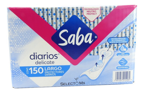 Protectores Diarios Saba® Largos Anti Irritación, 150 Piezas