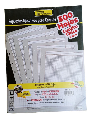 Repuesto Para Carpeta Tamaño Carta 500 Hojas - 5 Colores Color Cuadro 5mm Gris