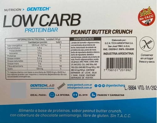 Imagen 2 de 8 de Low Carb Protein Bar Gentech Barra Proteica Sin Tacc Caja