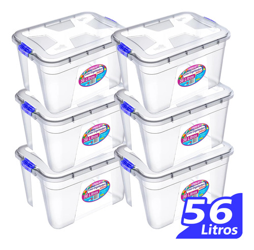 Kit 6 Caixas 56l Organizadora Multiuso Com Tampa Trava