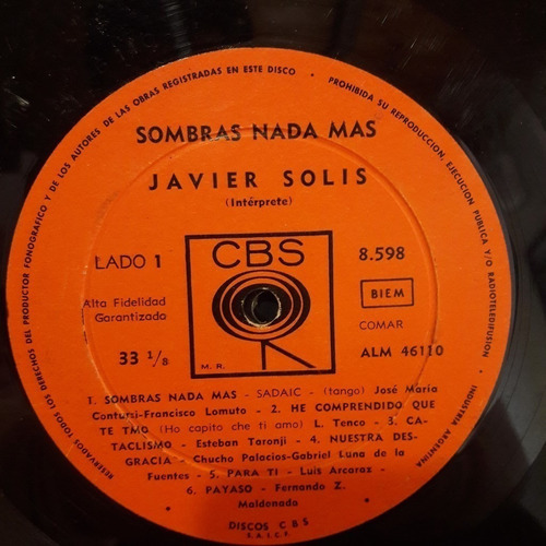 Sin Tapa Disco Javier Solis Sombras Nada Mas M0