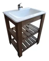 Comprar Mueble para baño DF Hogar Campo pie + bacha + grifería de 60cm de ancho, 80cm de alto y 46cm de profundidad, con bacha color blanco y mueble nogal oscuro con un agujero para grifería