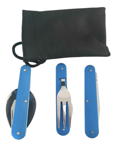 Imagen 2 de 3 de Set Cubiertos Plegable Camping Aire Libre 3 Piezas Con Funda