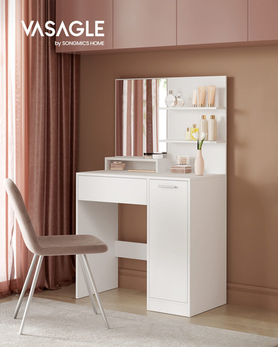 Tocador Mesa De Maquillaje Con Espejo Grande Y Cajón Blanco