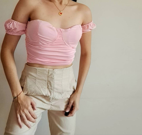 Set Crop Top Rosado Mas Pantalón Efecto Faja Beige