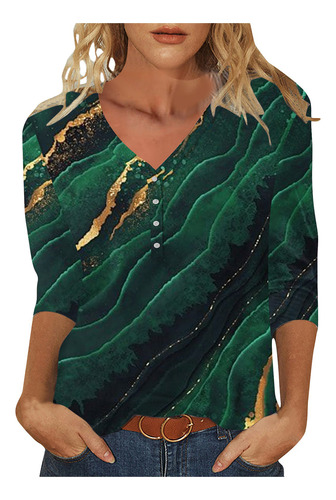 Top Casual Estampado Con Botones Y Cuello En V Para Mujer K