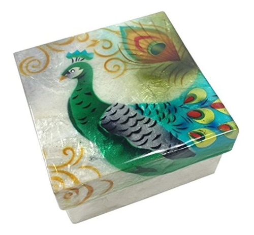 Caja De Recuerdo De Capiz De Pavo Real 3 X 3