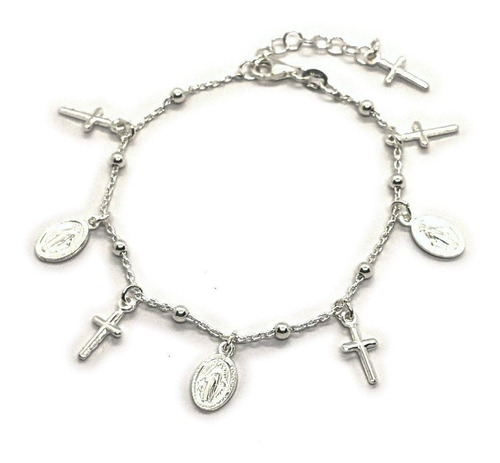 Pulsera Espejo Medalla Milagrosa Y Cruces Plata 925