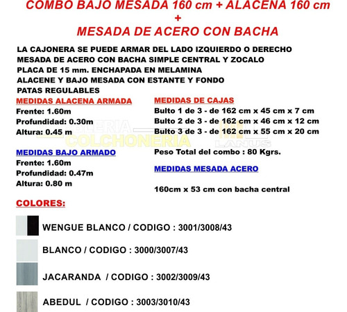 Combo Cocina 1.60 Bajo Mesada + Alacena + Mesada Acero Bacha