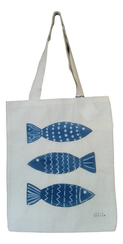 Bolsa Ecológica De Tela Pintada A Mano Bella María Azul Lienzo Hueso Natural Peces