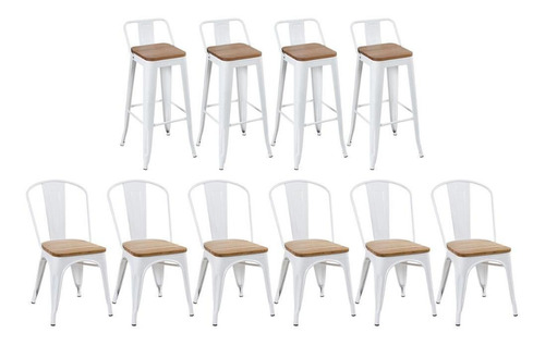 6 Cadeiras + 4 Banquetas Altas Tolix Encosto Assento Madeira Cor da estrutura da cadeira Branco - Madeira rústica clara