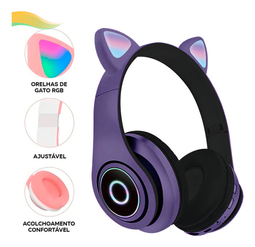 Fone de ouvido gatinho sem fio Catear D47 preto com luz rgb LED