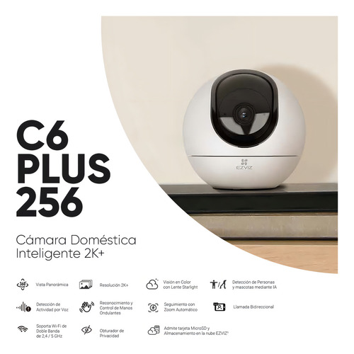 Ezviz Kit Mini Cámara PTZ C6-PLUS-256 PT IP de 4 MP Almacenamiento MicroSD 256Gb Wireless Inalambrica Detección Humanos y Audio Bidireccional CS-C6 Visión Nocturna Más Zoom de Seguimiento