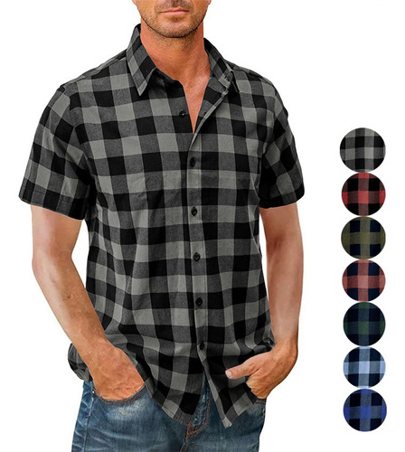 Camisa Hawaiana Casual De Manga Corta A Cuadros Para Hombre