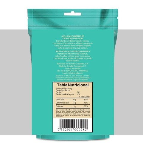 Imagen 3 de 3 de Zisnella Avellanas Cubierta De Chocolate Con Leche 42% Cacao