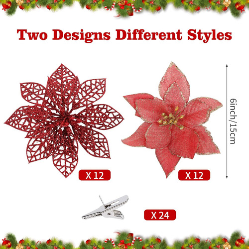 24 Flores De Pascua De Navidad Con Purpurina Y Clips, Decora