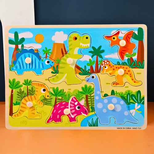 Encastre Madera Con Agarre Didáctico Motricidad Fina Niños Color Dinosaurios 1