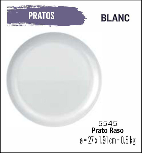 Jogo Prato Raso Opaline Vidro Blanc 27cm - Kit 6 Unidades