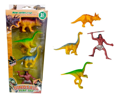 Pack X 4 Figuras De Dinosaurios + 1 Indio De Plástico Chicos