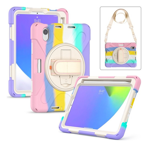 Funda Para iPad Mini 6 Uso Rudo Con Correa Arcoiris Rosa