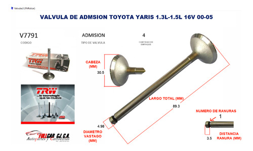 Valvula De Admsion Toyota Yaris 1.3l-1.5l 16v 00-05