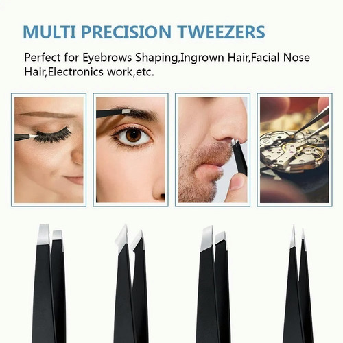 Imagen 3 de 10 de Set 4 Pinzas Cejas Antiestáticas Depilación Acero Inoxidable