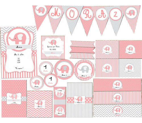Kit Imprimible Elefante Rosa Viejo Solo Textos Editables!!