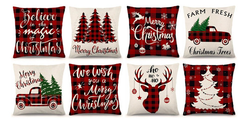 8 Fundas De Almohada Navideñas, Adornos De Lino Navideños