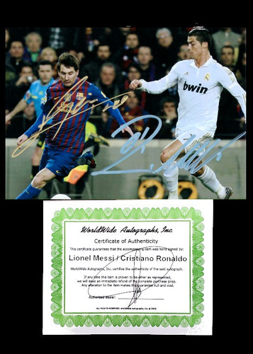 Lionel Messi Cristiano Ronaldo 2 Autógrafos En Foto De 5x7