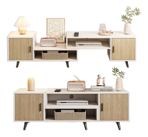 Mueble De Tv Madera 140-190 Cm Moderno Minimalista Ajustable Blanco