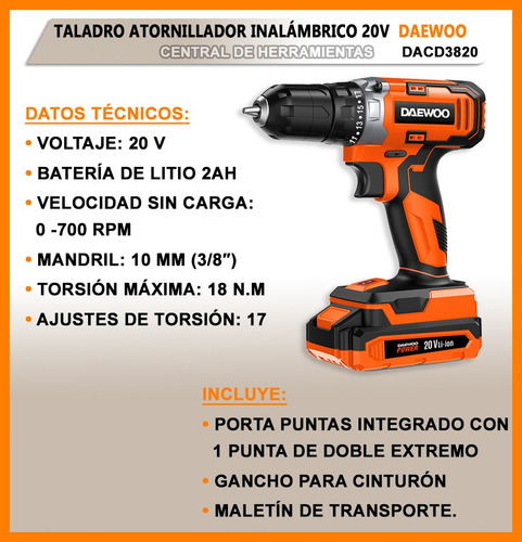 Taladro Inalámbrico 20v 10mm Con Maletín Y Accesorios Daewoo