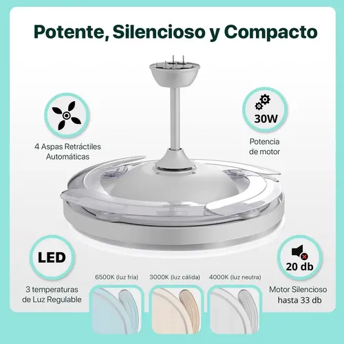 Ventilador Retractil De Techo Novohome Luz Calida Fria Neutra 6 Velocidades 4 aspas Color Blanco - imagen 6