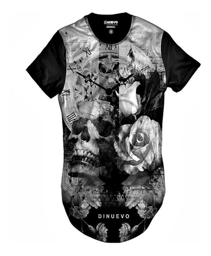 Camiseta Swag Caveira Com Flor E Relógio Retrô Street Wear