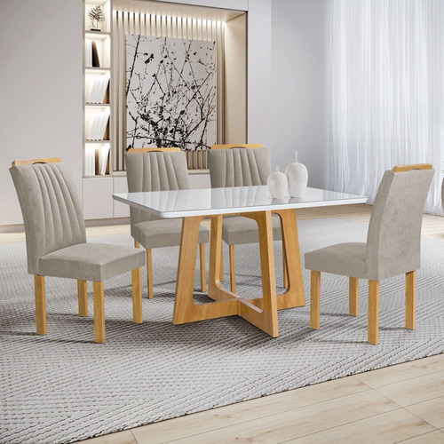 Mesa De Jantar 4 Lugares Arizona Com Vidro Cinamomo/off Tampa Bege Claro