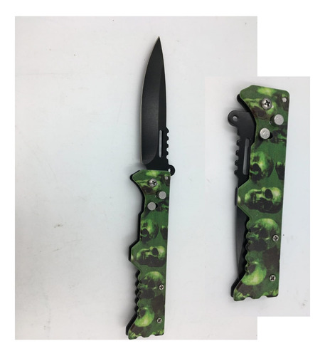 Navaja Tactica Automatica Green Skull Clip Seguro Defensa