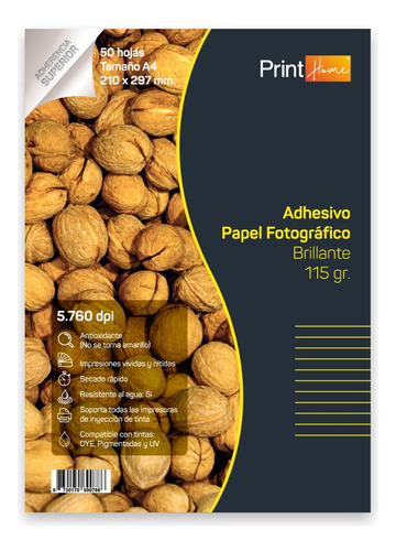 Papel Adhesivo, 115gr Brillante A4x50hj ,printhome