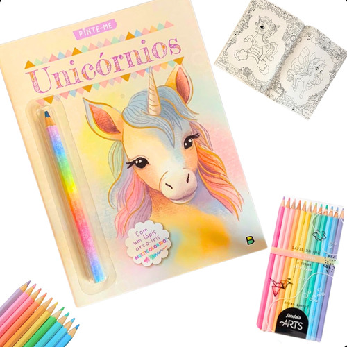 Kit Livro Unicórnio + Lápis Arco Íris + Cx 12 Lápis De Cor Pastel Presente Dia Das Crianças Livro Para Colorir Com + De 40 Desenhos Incríveis Brinquedo Infantil
