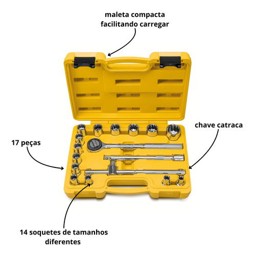 Jogo De Soquetes Estriados Encaixe 1/2'' 17 Peças Tramontina Cor Cinza/amarelo