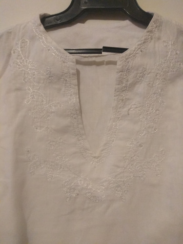 Camisola De Tela Con Bordado, Blanco, Manga 3/4, Talle 2, U.