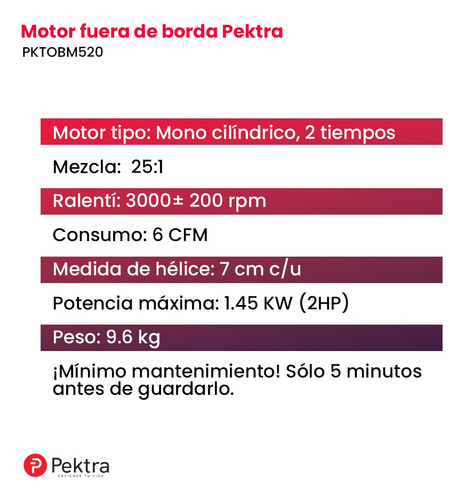 Imagen 6 de 10 de Motor Para Bote Fuera De Borda Pektra 2t Refrg X Aire 52cc