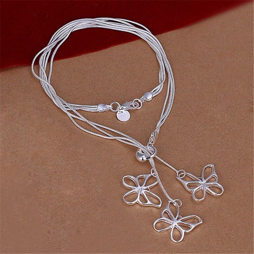 Collar Tres Cadenas De Serpientes Dije De Mariposas - Plata
