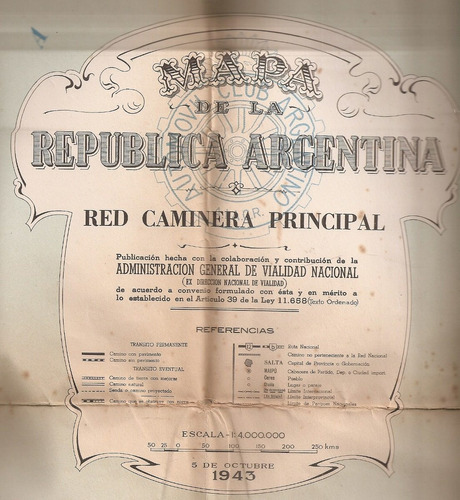 Mapa Red Caminera Principal Republica Argentina 1943