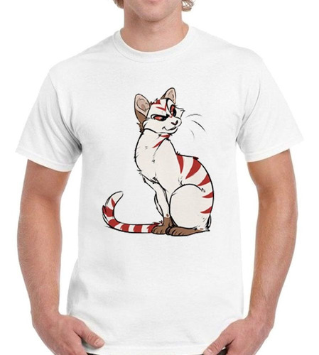 Remera De Hombre Gato Blanco Rayas Rojas Dibujo