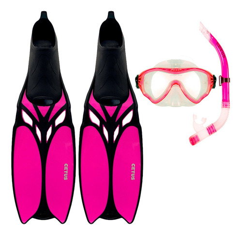 Kit Mergulho Máscara+respirador+nadadeiras Cetus Cobia Rosa Tamanho 37-38